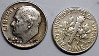 Strieborná minca 10 Centov USA 1957 VF, Roosevelt - Kliknutím na obrázok zatvorte -